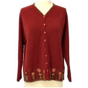 April Cornell Vintage Cardigan Red Rust Floral Embroidery Size M Cottage Boxy